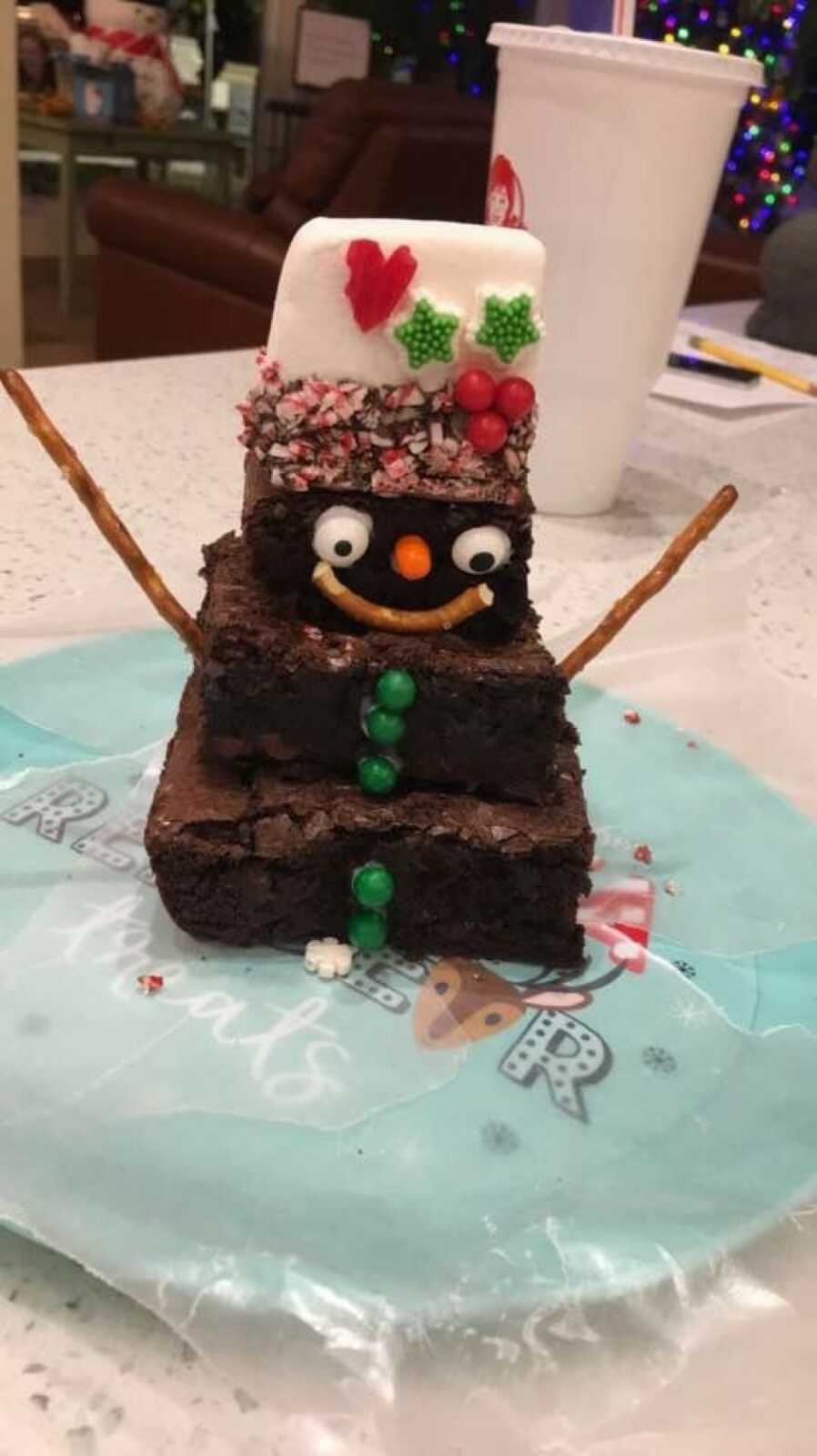 brownie snowman on a plate