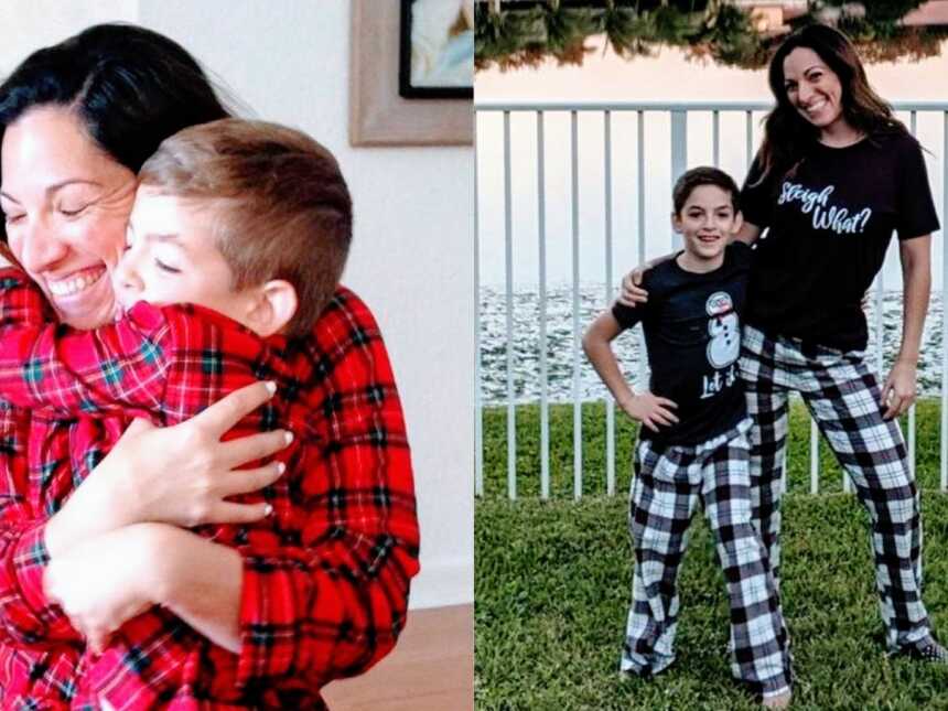 Mom and son wear varying matching Christmas pajamas over the years