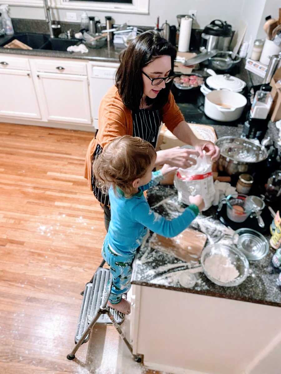 Mom of two bakes in her kitchen with her oldest child