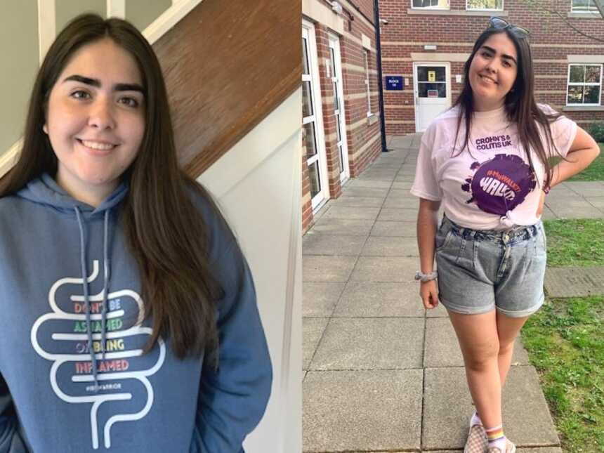 girl wearing a 'don't be ashamed of being inflamed' shirt, girl wearing a Crohn's shirt