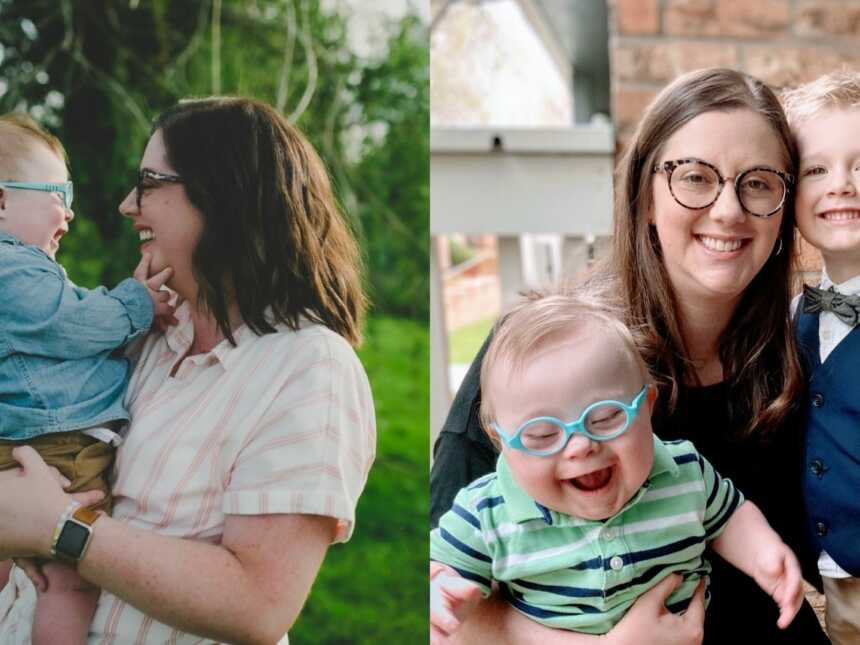 On left, mom holds son with Down syndrome during family photos, on right mom takes a photo with her two sons before church