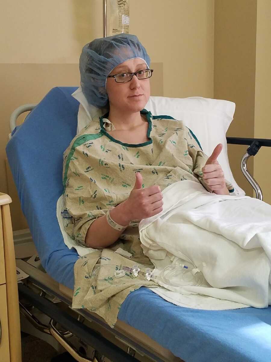 woman in hospital gown