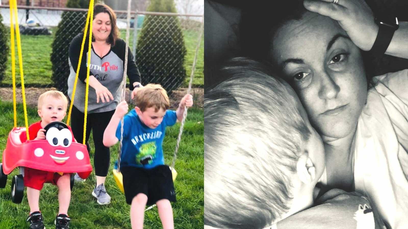 A mom pushes her kids on the swings and a mom burned out