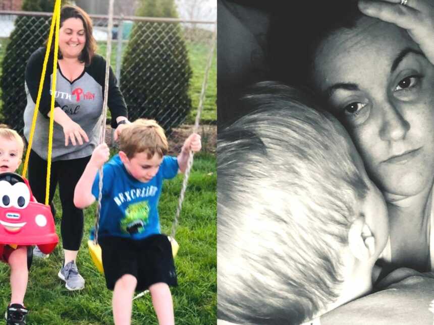 A mom pushes her kids on the swings and a mom burned out