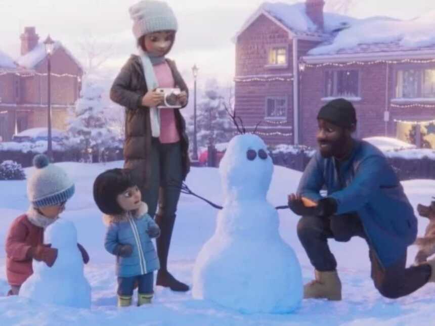 family building a snowman in disney short