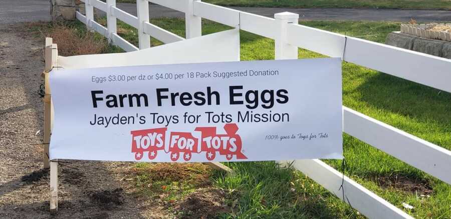 Farm Fresh Eggs sign advertising donations to Toys For Tots. 