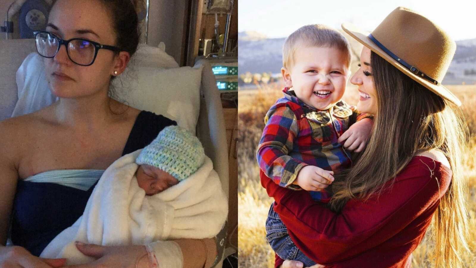 cover photo of mom with her baby when he was born and baby present day