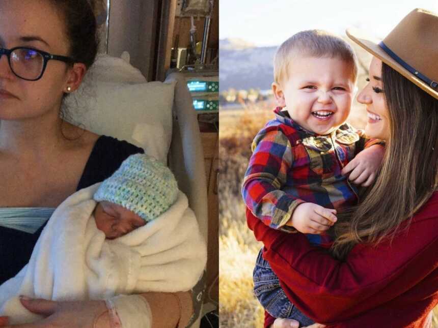 cover photo of mom with her baby when he was born and baby present day