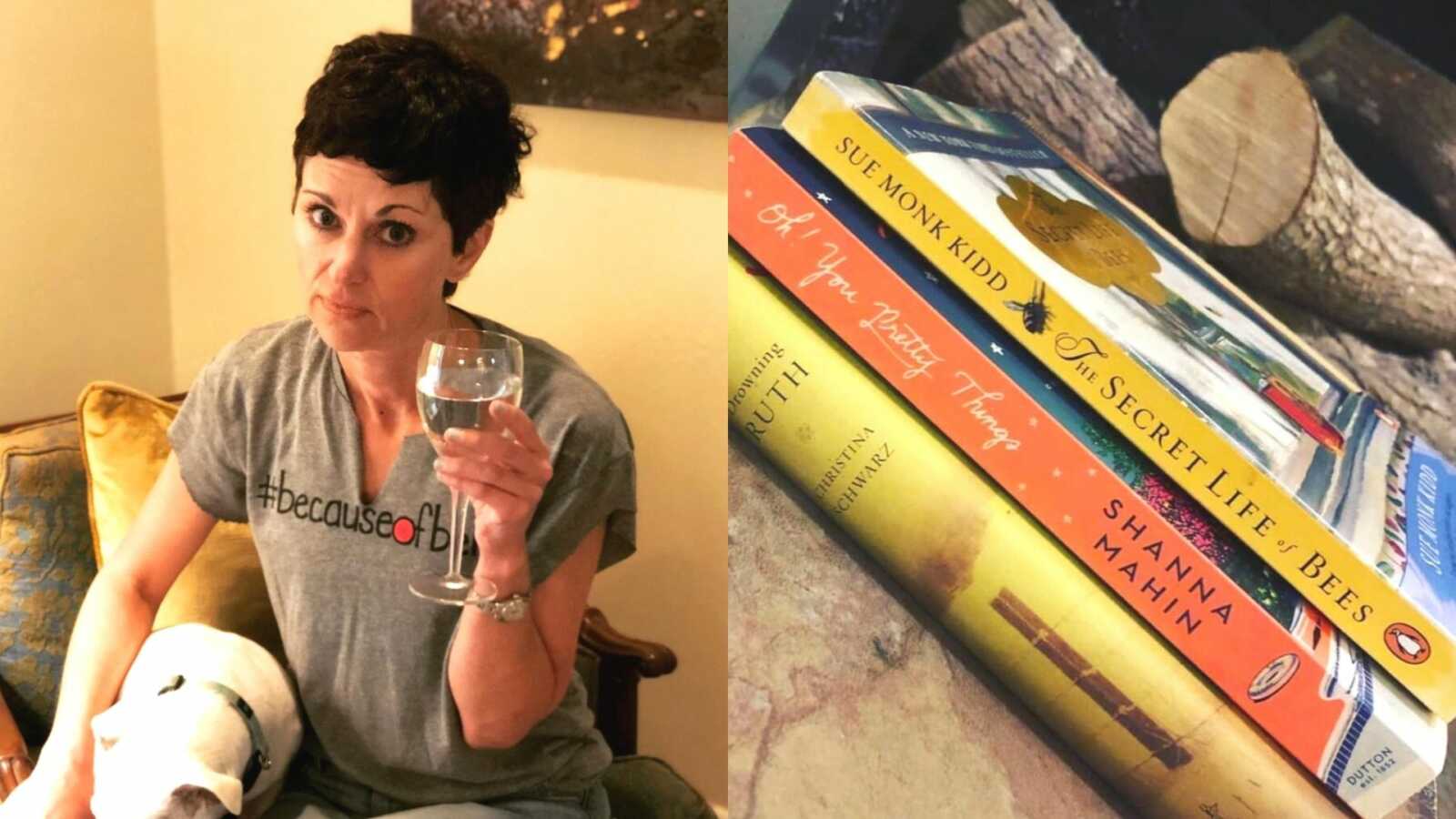 A woman sits with her dog and a glass of water, and a pile of books