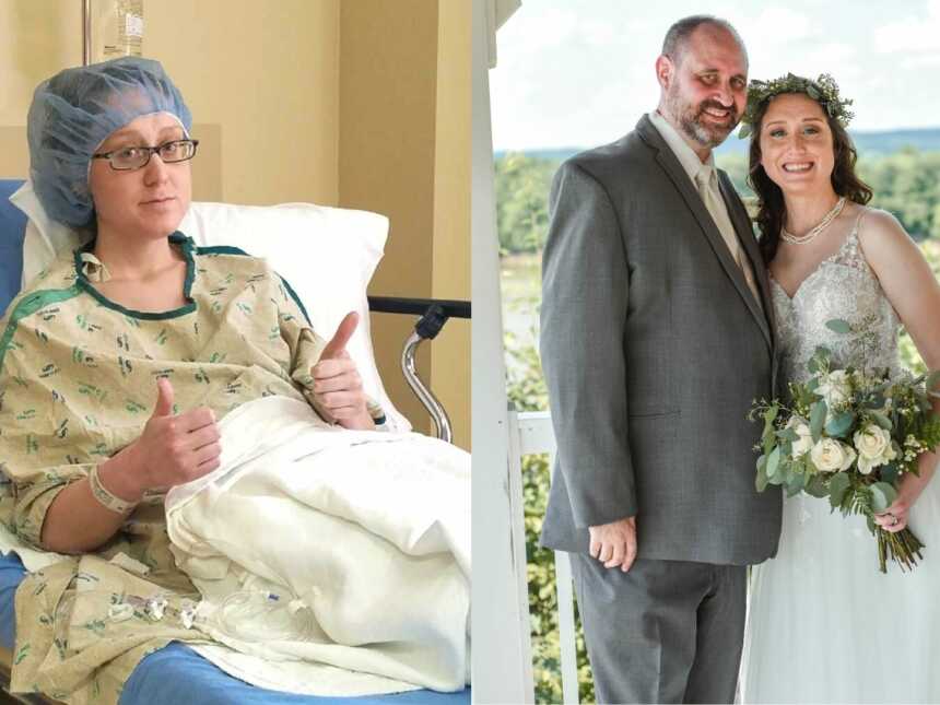 A woman sitting in a hospital bed and bride and groom at wedding