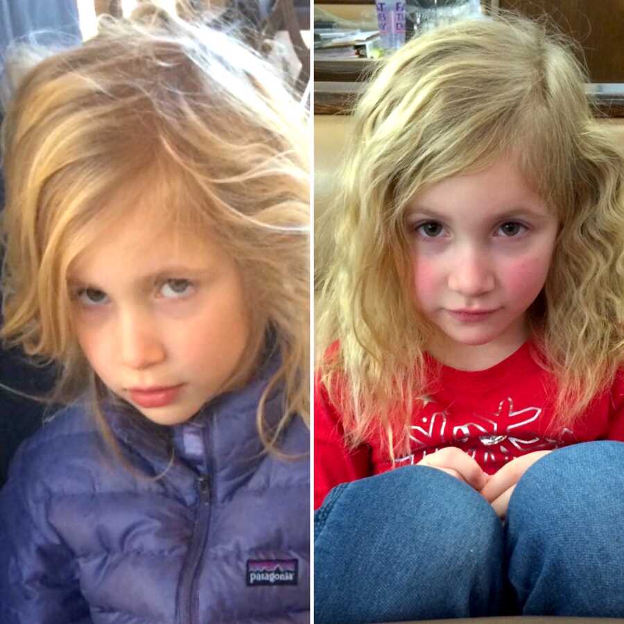 collage of daughter with messy hair in two photos