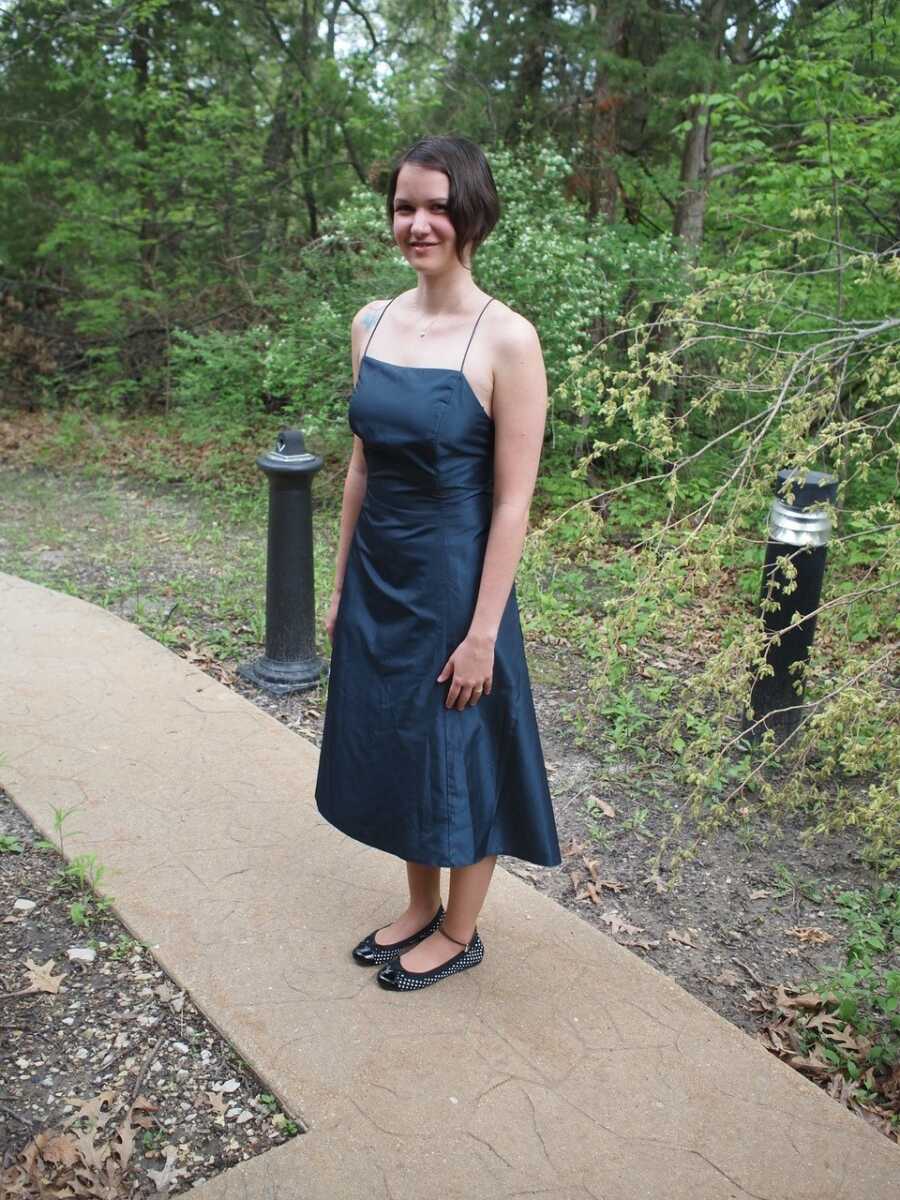 woman with a green dress on