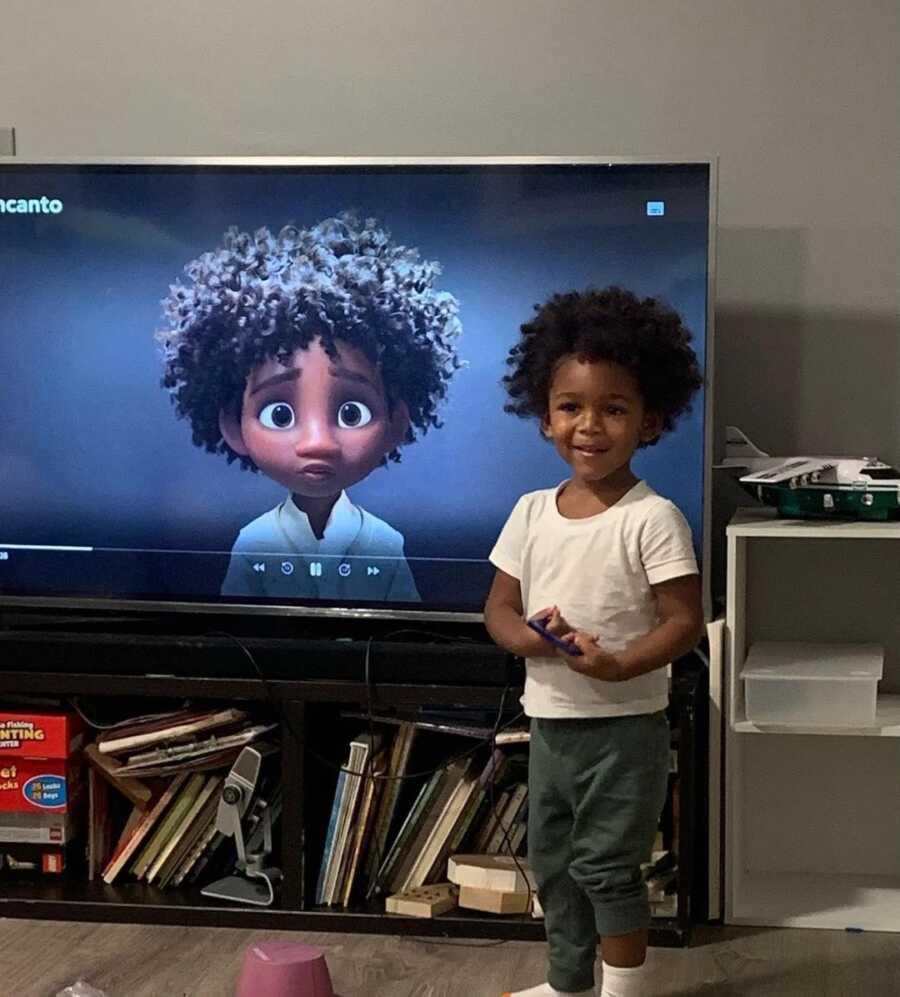 little boy showing his resemblance to boy in Disney movie
