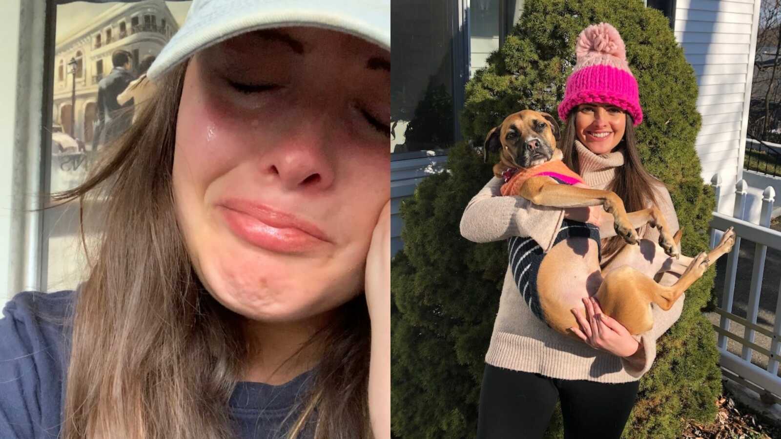 woman crying, woman holding her dog