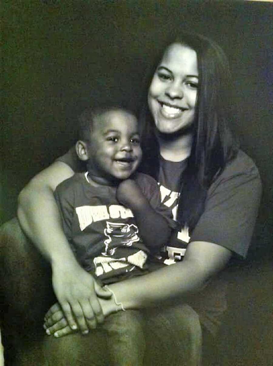 Teen mom poses with young son in matching shirts