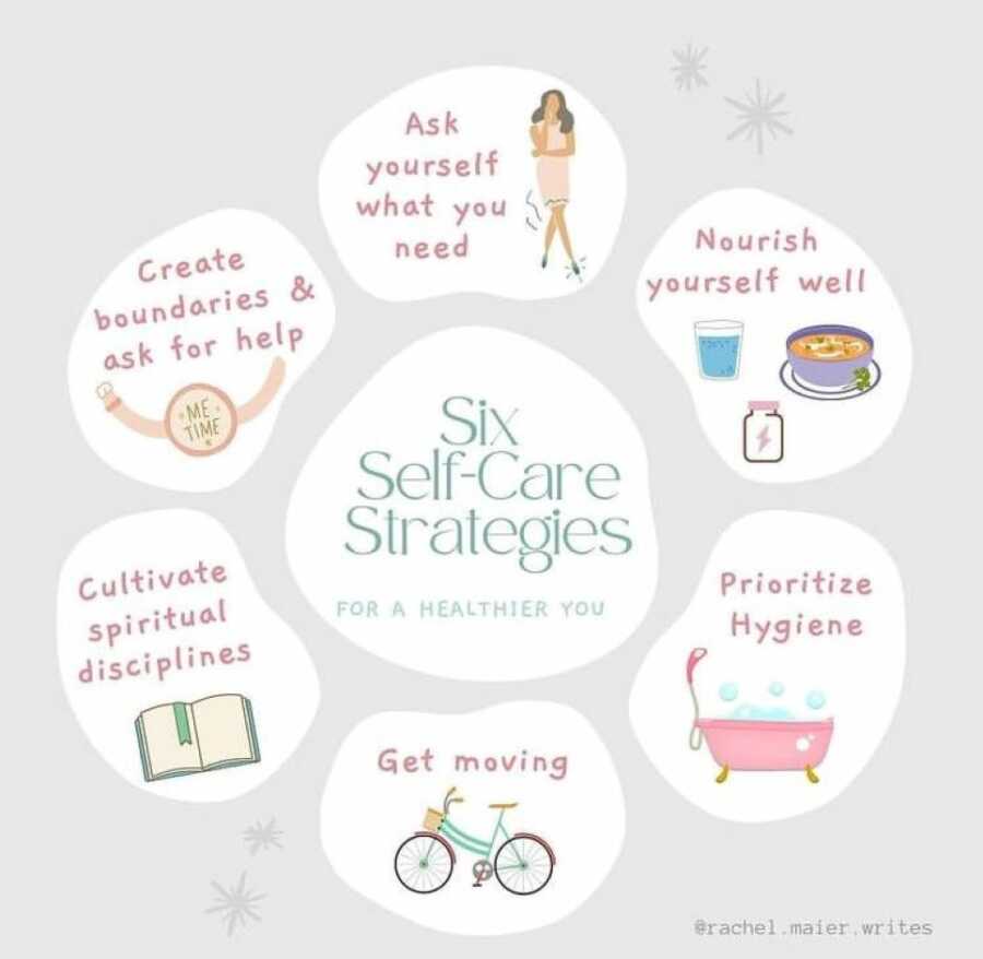 Mom shares six self care strategies with an infographic