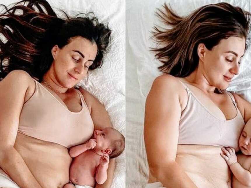 Mom shows difference in her and her baby from first born to 9 months