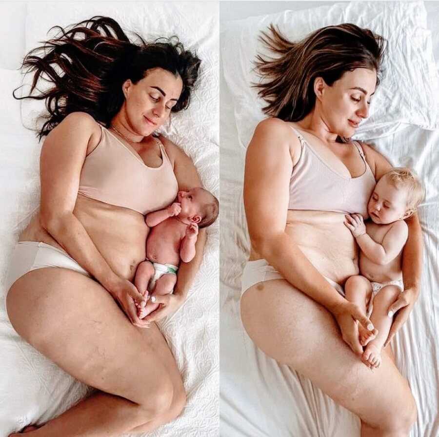 Mom shows comparison photos from when baby was first born to when baby was 9 months