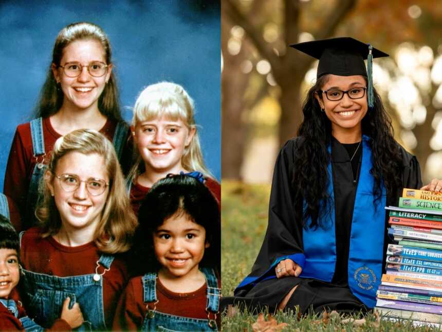 On the left, siblings take a group photo together in matching outfits. On the right, young woman graduating college takes photos in cap and gown
