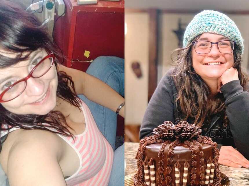 A mom sits on the floor and a former drug addict smiles next to a cake