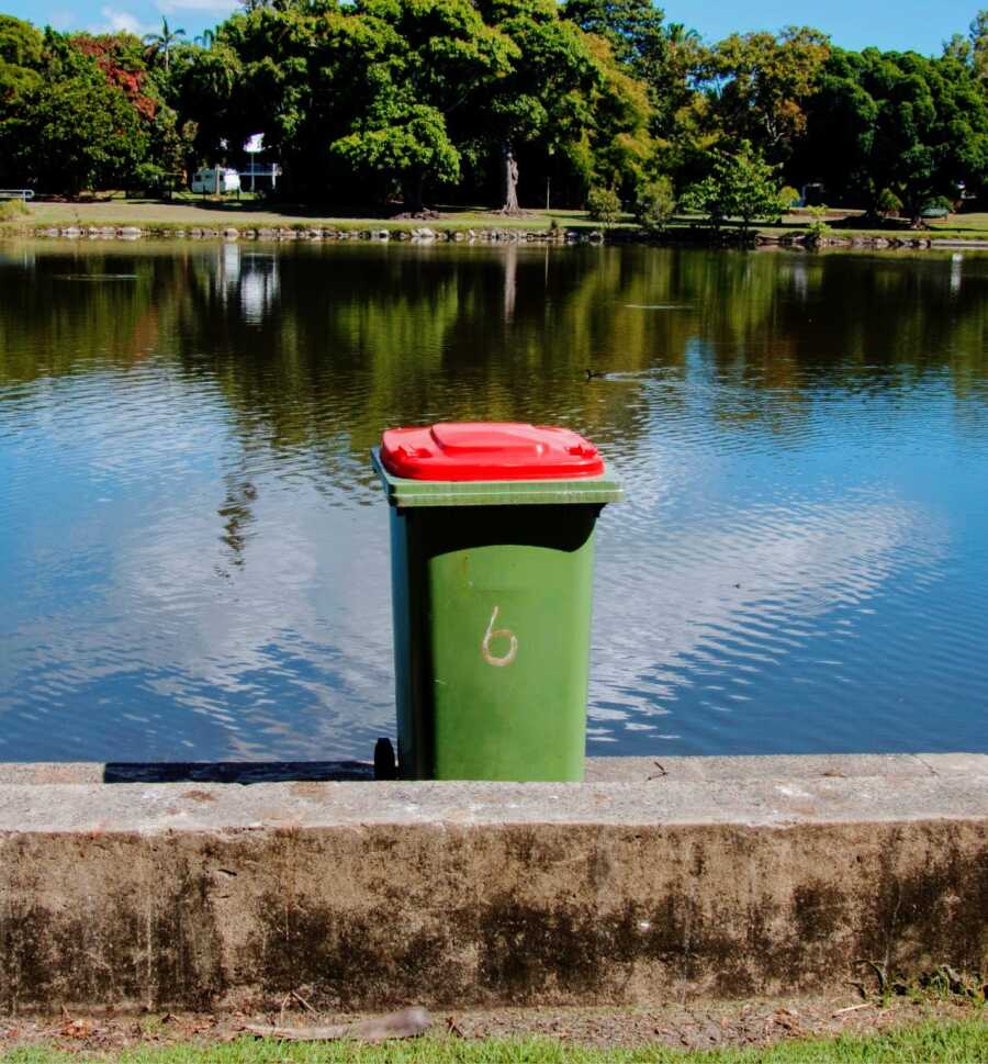 individual takes out neighbor's garbage can but brings it to a pond