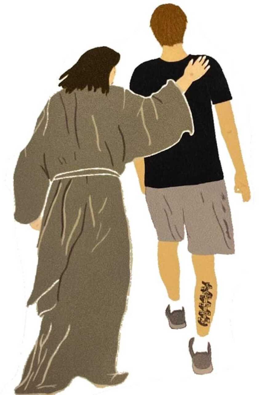 illustration of teenage son being guided by god insinuating his passing