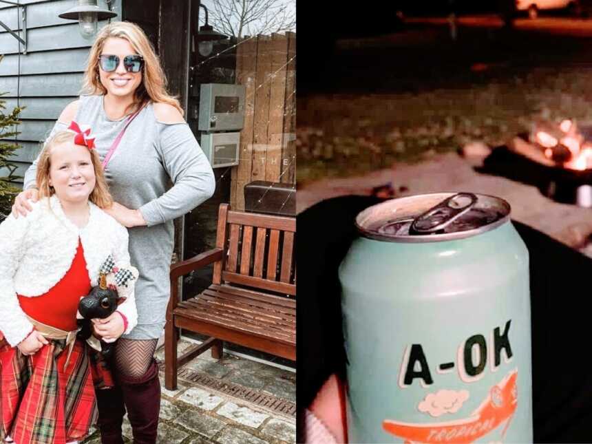 A mom and her daughter and a mom holds an alcoholic beverage