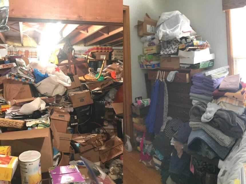 garage filled with stuff, cluttered bedroom
