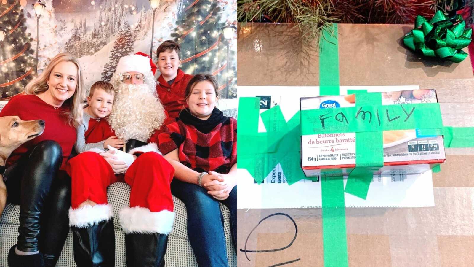A family sits with Santa on a couch and a homemade gift labeled family