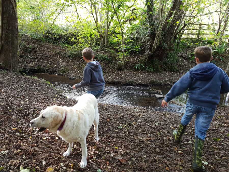 two boys walking with family dog