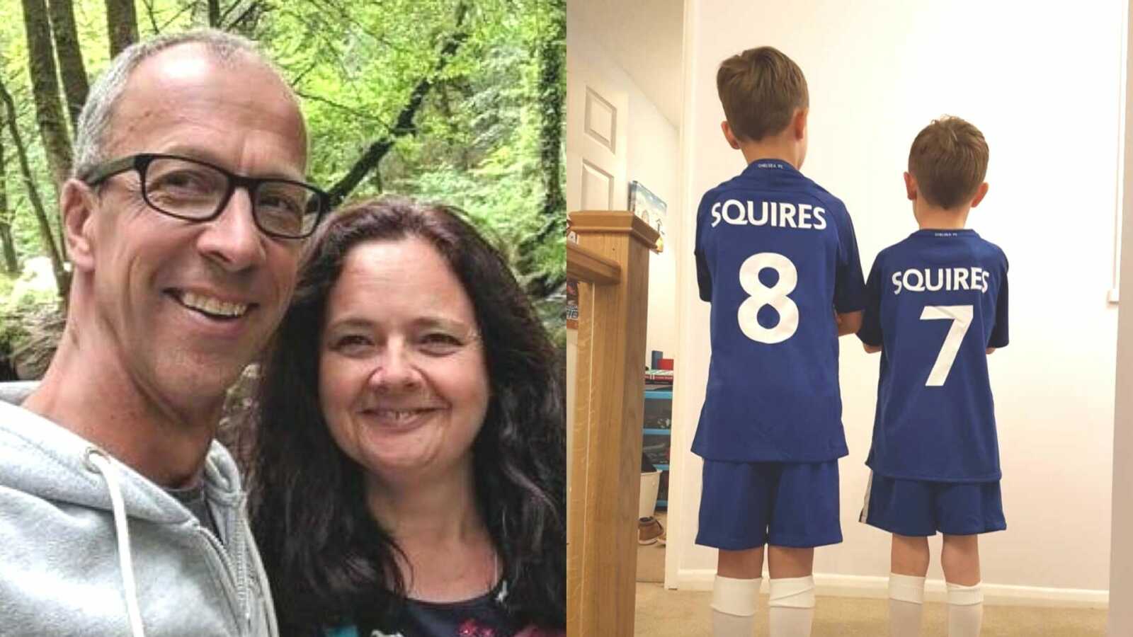 adoptive parents and their sons wearing soccer jerseys