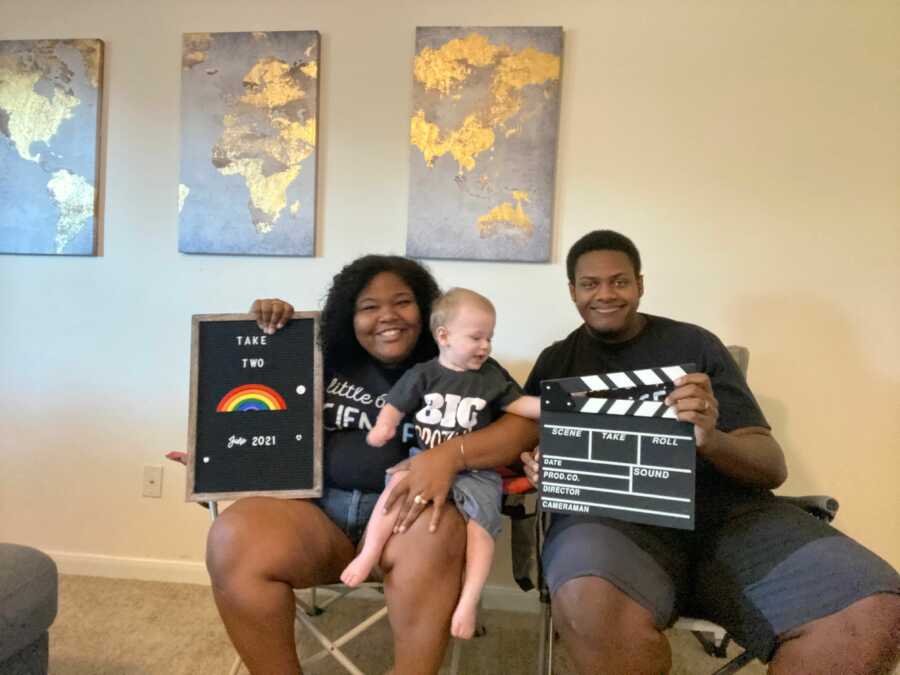 Family takes "take two" pregnancy announcement picture after miscarriage. 
