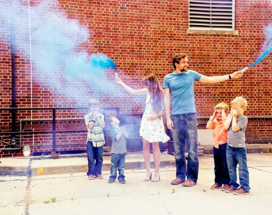 Parents do gender reveal for fifth child with their four sons