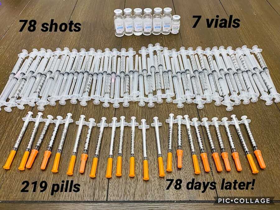 78 Lupron shots on a wooden table 