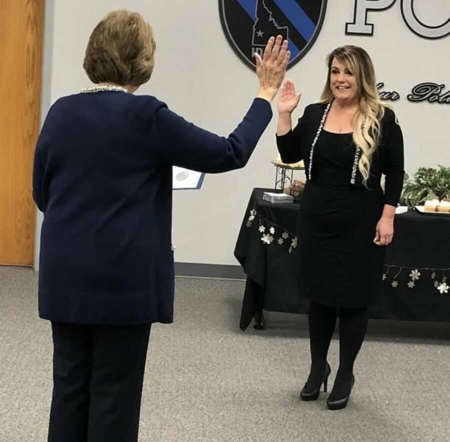 woman who ran for election being sworn in
