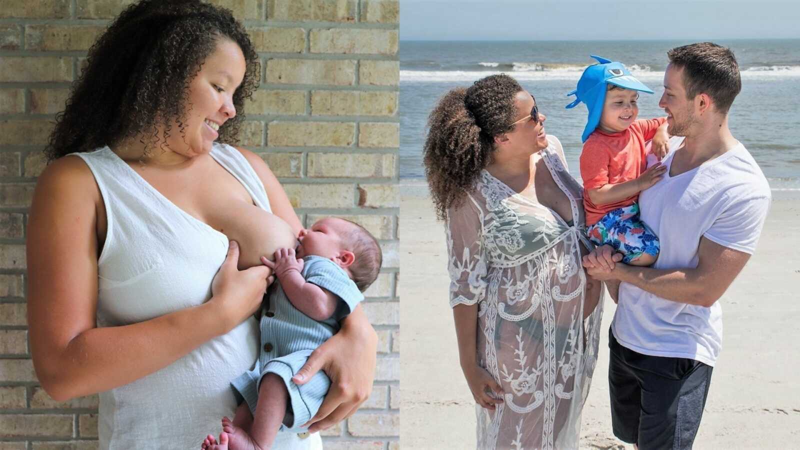 On the left, mom breastfeeds her young son. On the right, family takes a group photo on the beach.