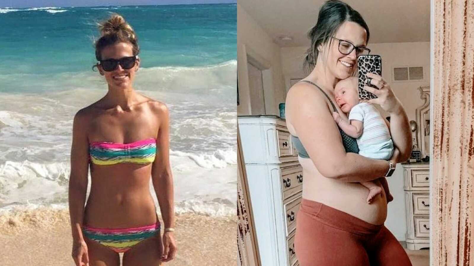 Mom of two shows before and after photos of before having kids and postpartum