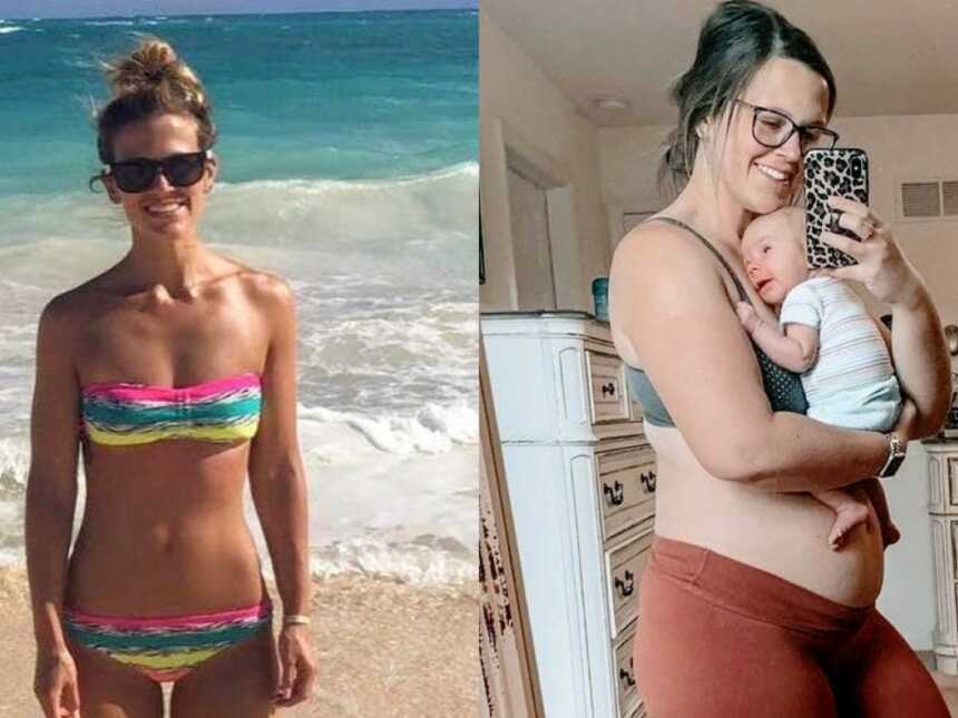 Mom of two shows before and after photos of before having kids and postpartum