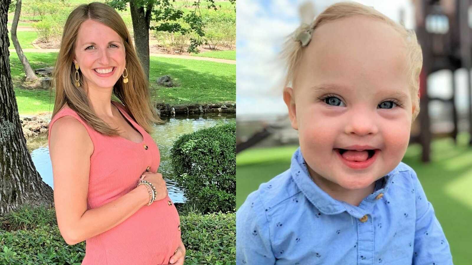 On the left, pregnant woman holds her stomach while wearing pink dress. On the right, baby girl with Down Syndrome smiles at the camera.
