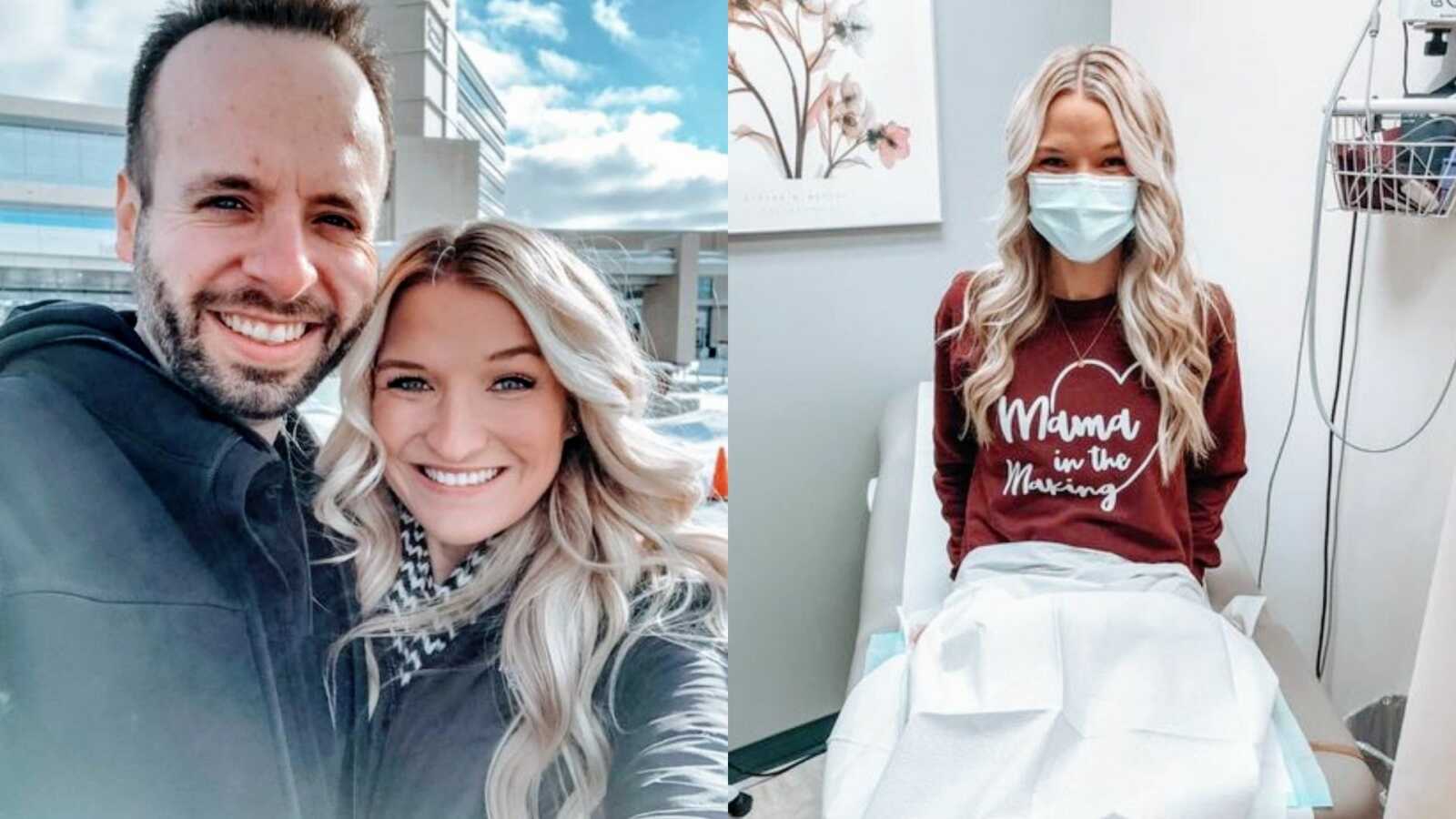 Woman battling infertility takes a selfie with her husband and a photo at the fertility clinic