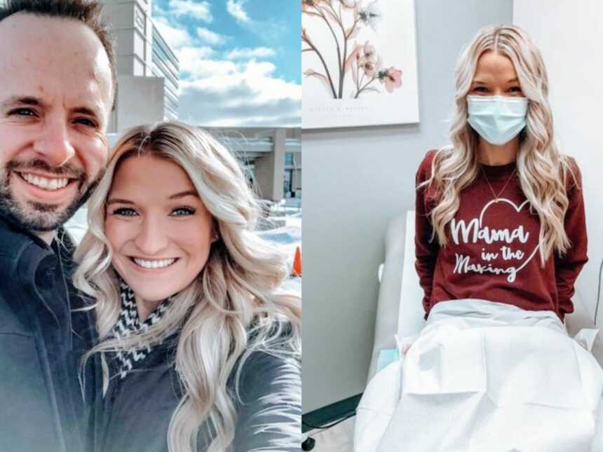 Woman battling infertility takes a selfie with her husband and a photo at the fertility clinic