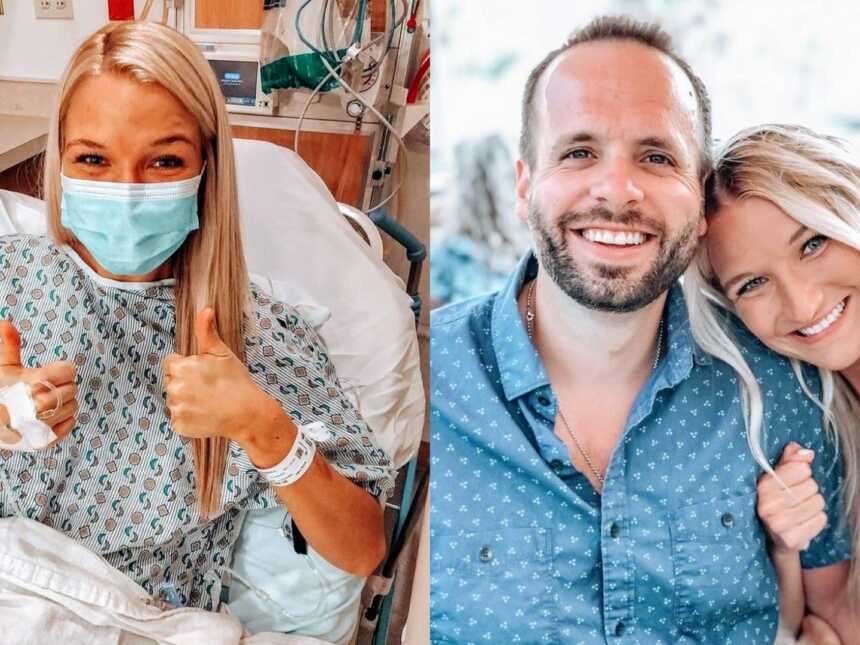 On the left, woman gives the thumbs up in the hospital before surgery. On the right, couple hug each other and smile.