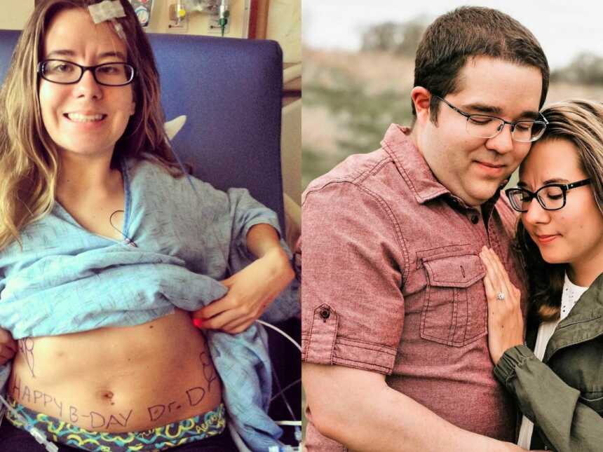 On the left, woman with rare chronic illness takes a photo in the hospital after surgery. On the right, same woman takes engagement photos with her fiancé.