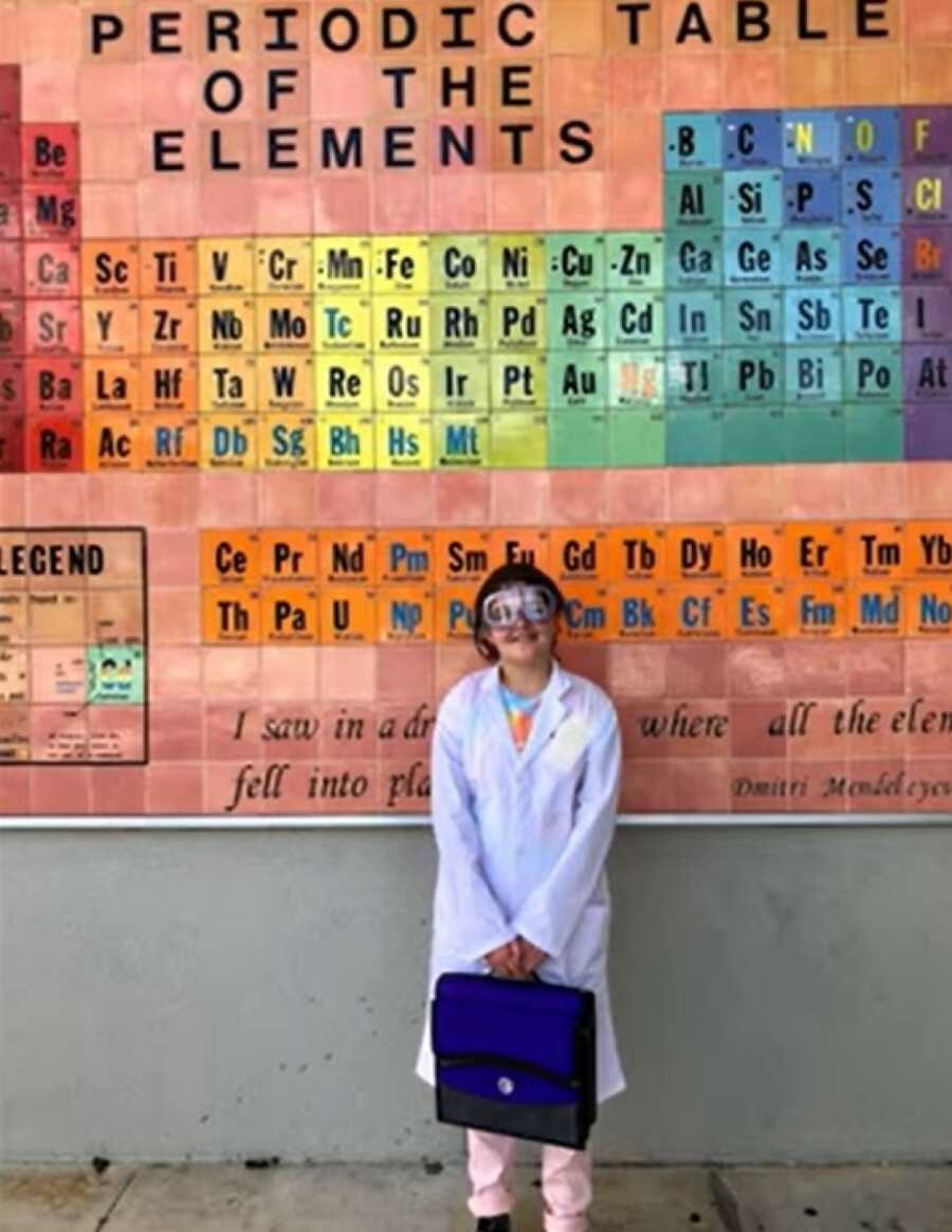 the periodic table and little girl in front of it