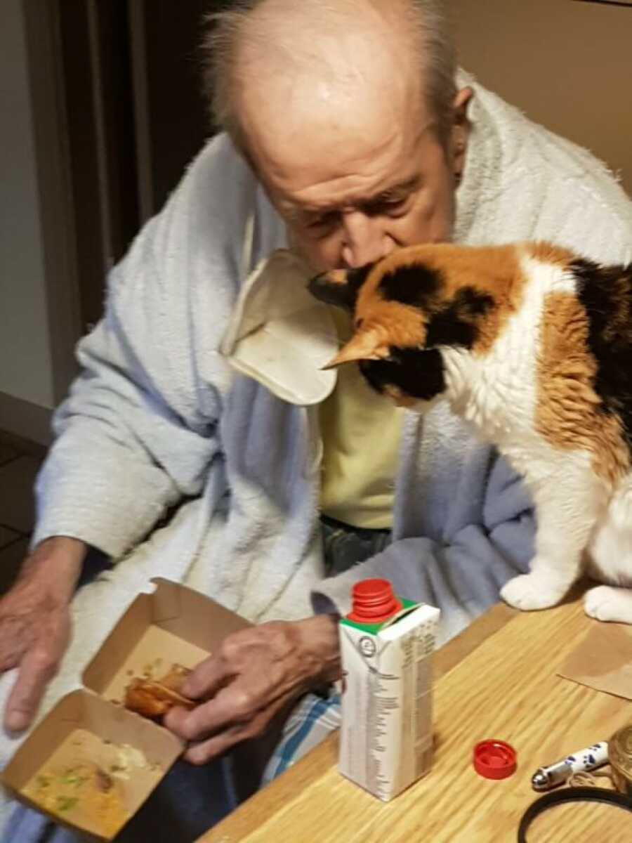 grandpa eating with his cats