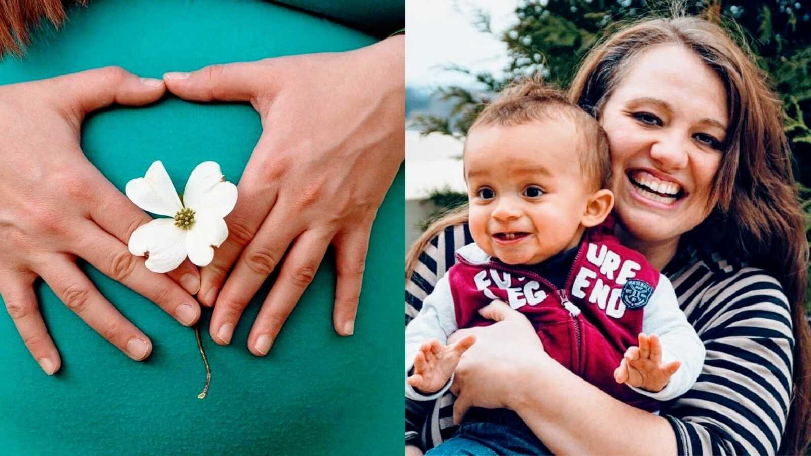 A woman's pregnant belly with a flower and a mom holds her son