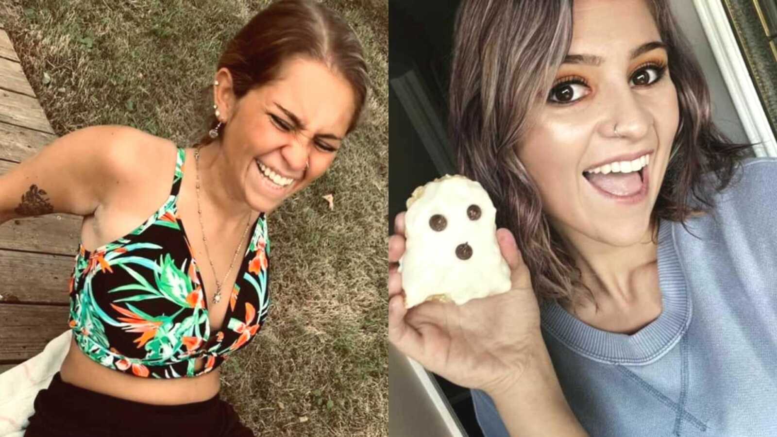 a woman in a bathing suit and a woman holding up a ghost cookie