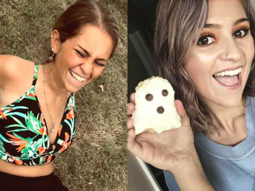 a woman in a bathing suit and a woman holding up a ghost cookie