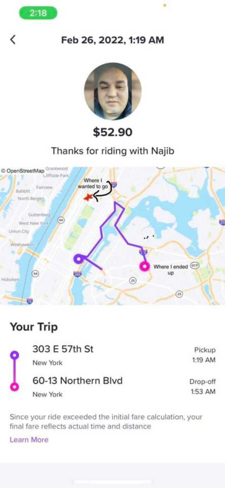the map where the woman ended up after lyft gone wrong