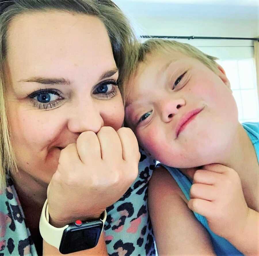 selfie of a mom and her 9-year-old son with down syndrome